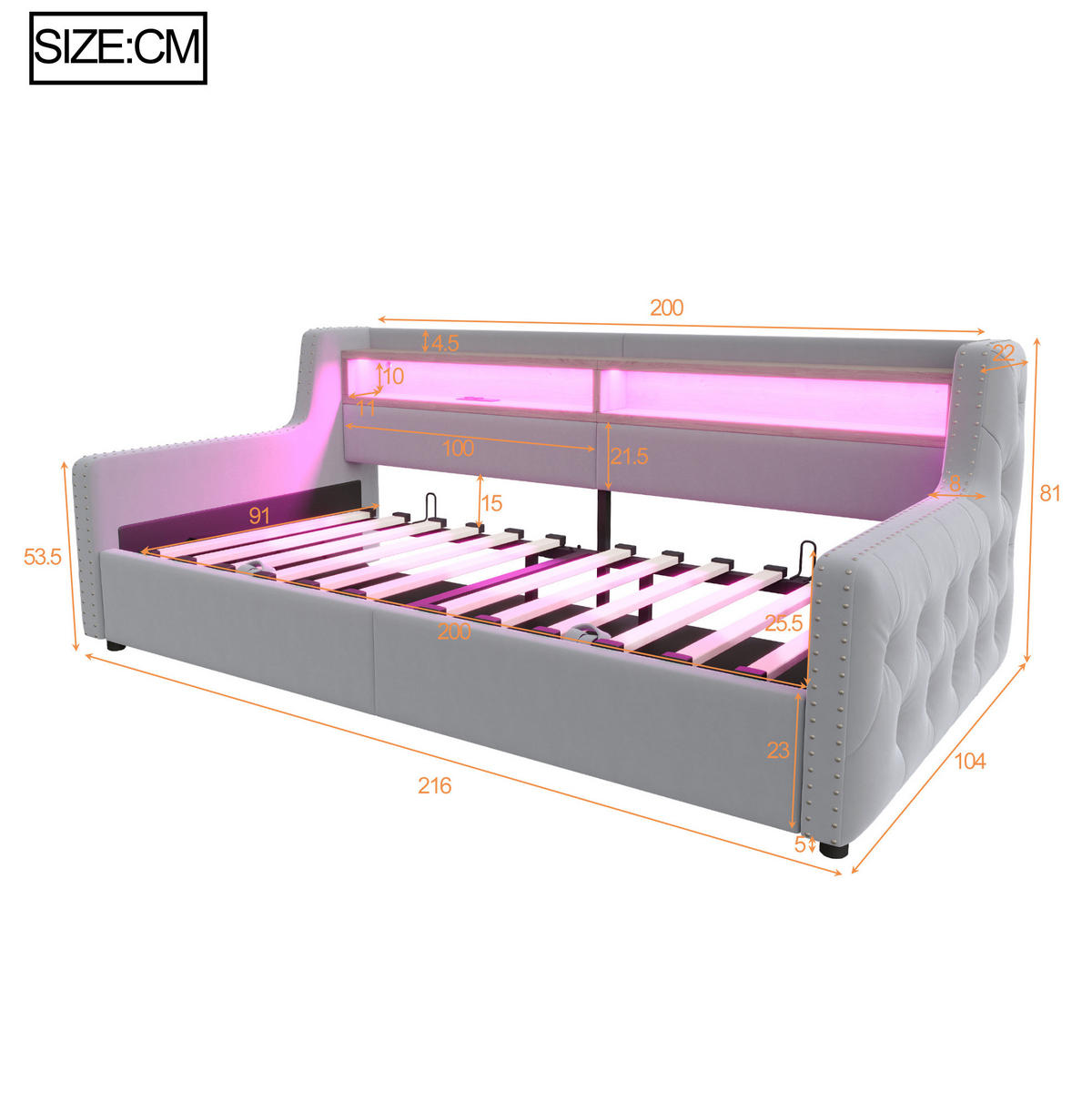 SCHLAFSOFA 90/200 cm hellgrau aus Samt mit LED, Stauraum und USB - Hellgrau, Textil (90/200cm) - OKWISH