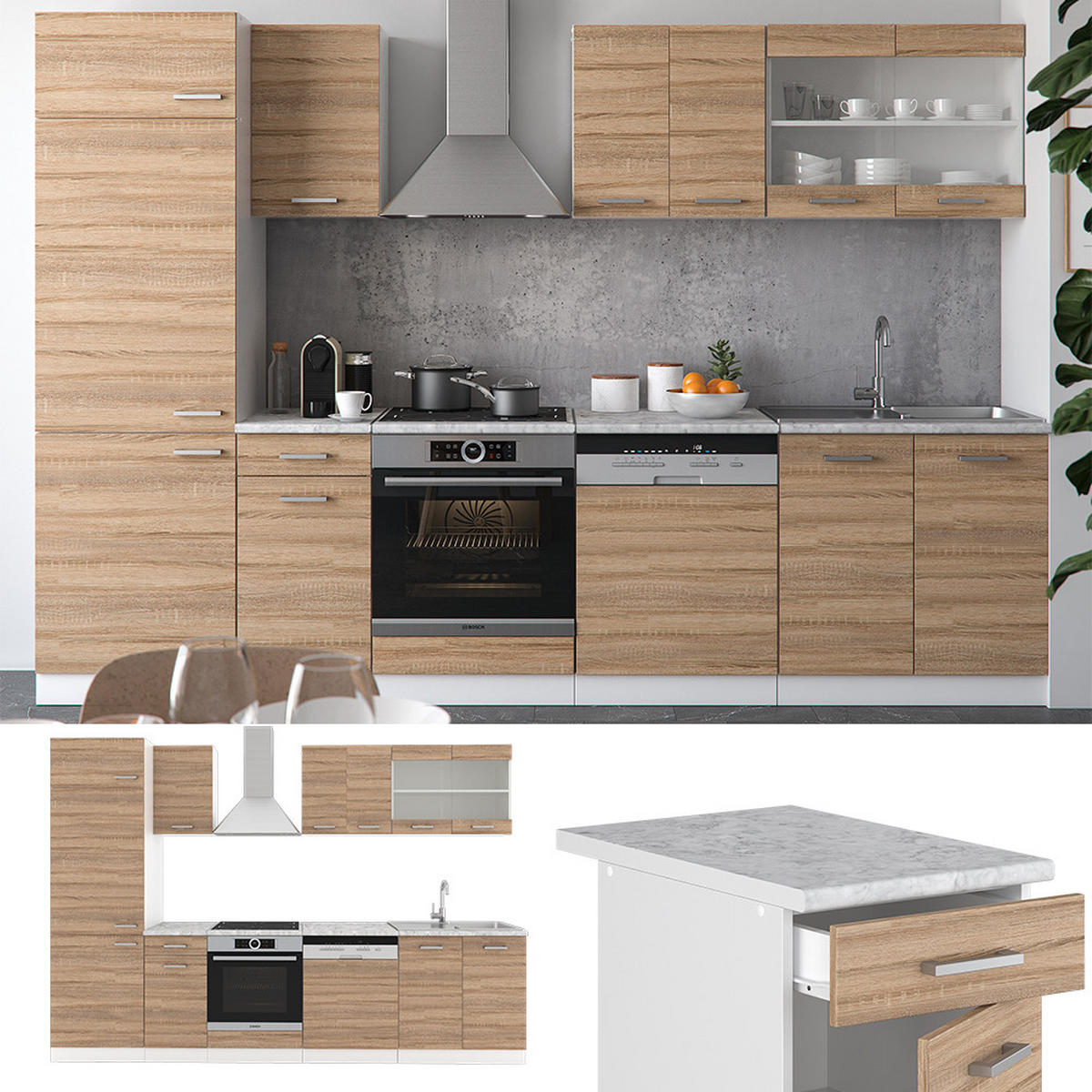 KÜCHENZEILE R-Line Sonoma/Weiß 300 cm, AP Eiche - Weiß/Sonoma Eiche, Holzwerkstoff (300/81.6/60cm) - Vicco