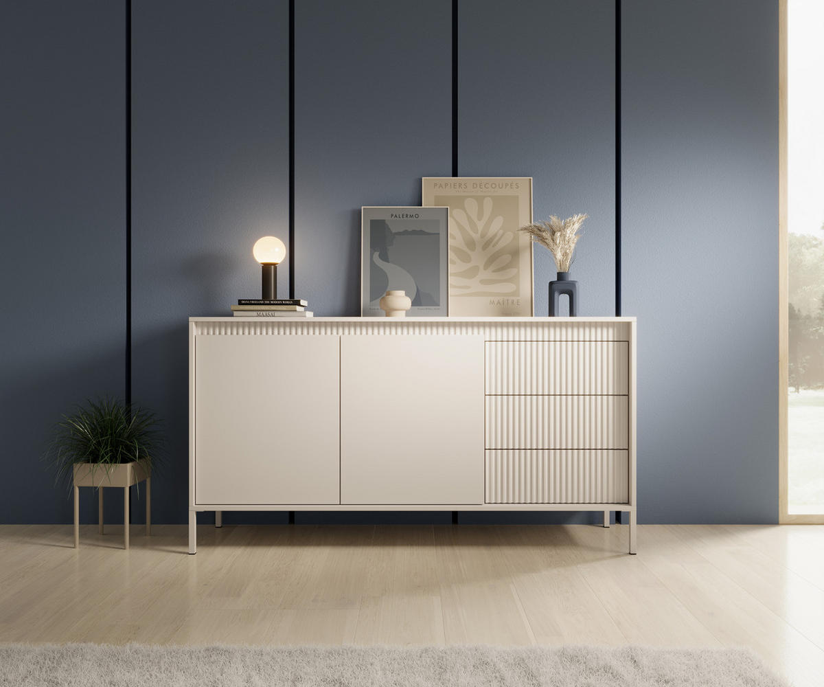 SIDEBOARD Trentinis 2T 3S Beige 153,5/81,4/39,5 cm – Geriffelten Fronten - Beige, Holzwerkstoff/Metall (153.5/81.4/39.5cm) - AX Living