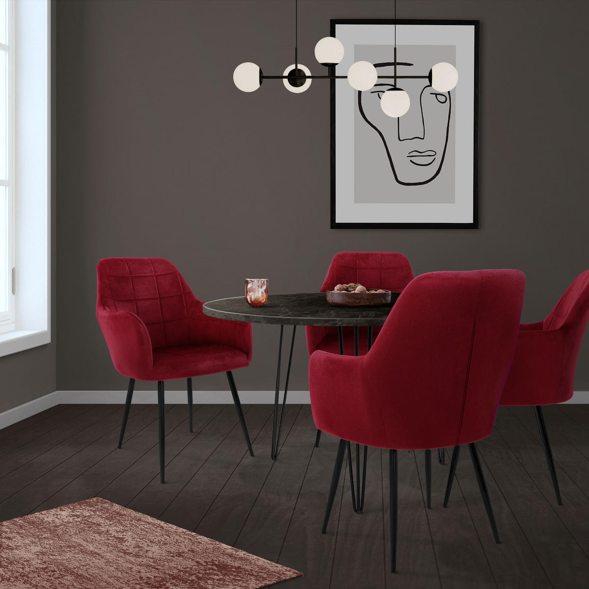 ESSZIMMERSTUHL Samt Bordeaux 2er Set - Bordeaux/Schwarz, Textil/Metall (60/84/58cm) - ECD-Germany