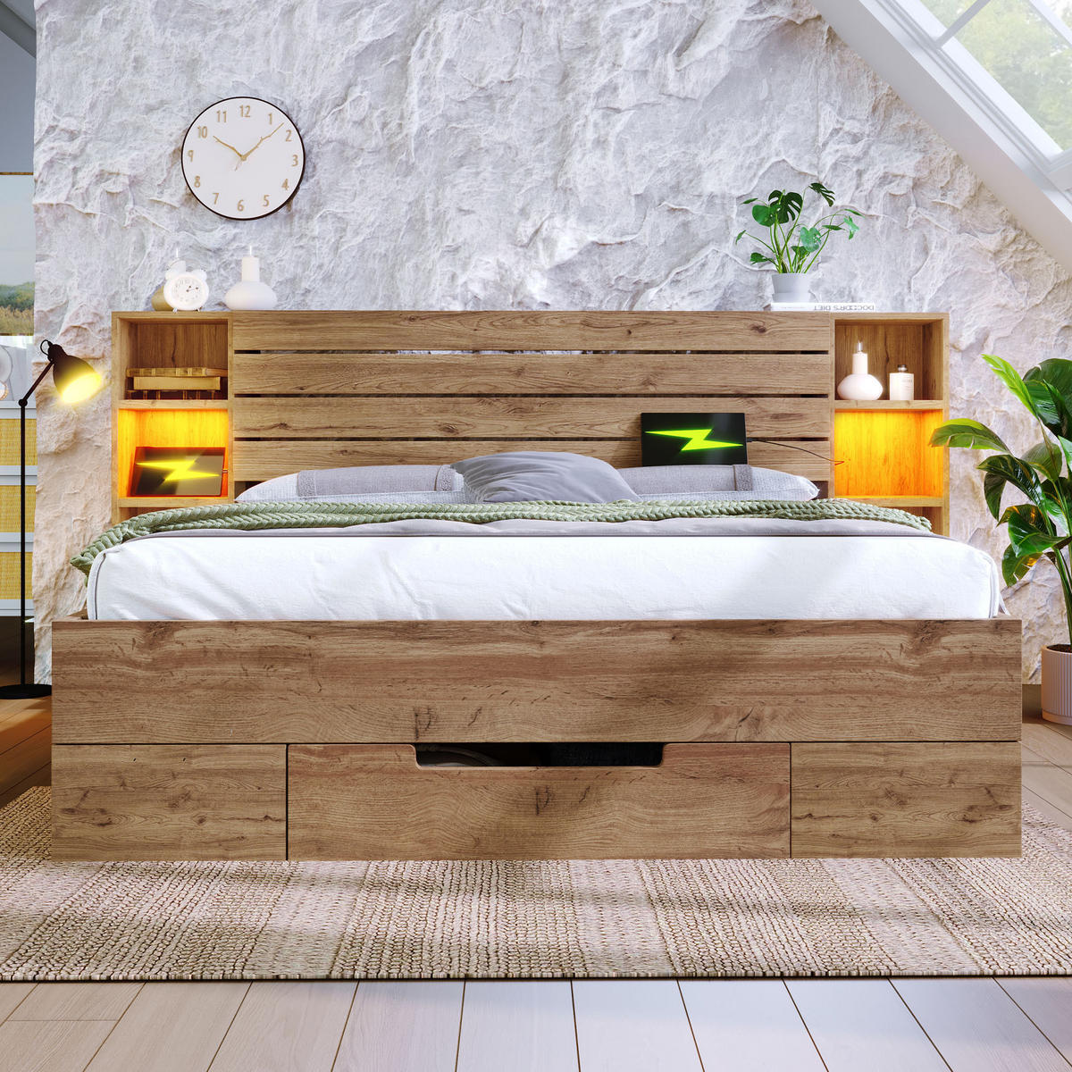 HOLZBETT 180/200 cm DE-00887, in Eiche, LED und Schubladen - Eichefarben, Holz (180/200cm) - ComfortXL