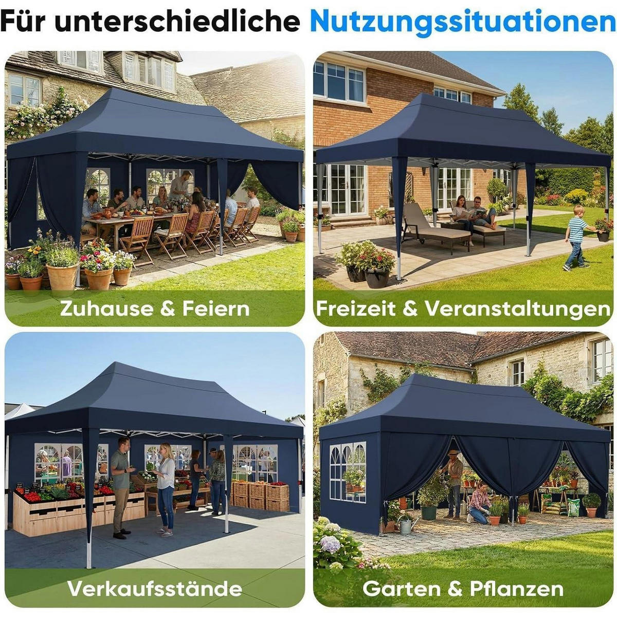FALTPAVILLON 3x6m Blau mit Seitenwänden - Blau, Textil (585/310/293cm)