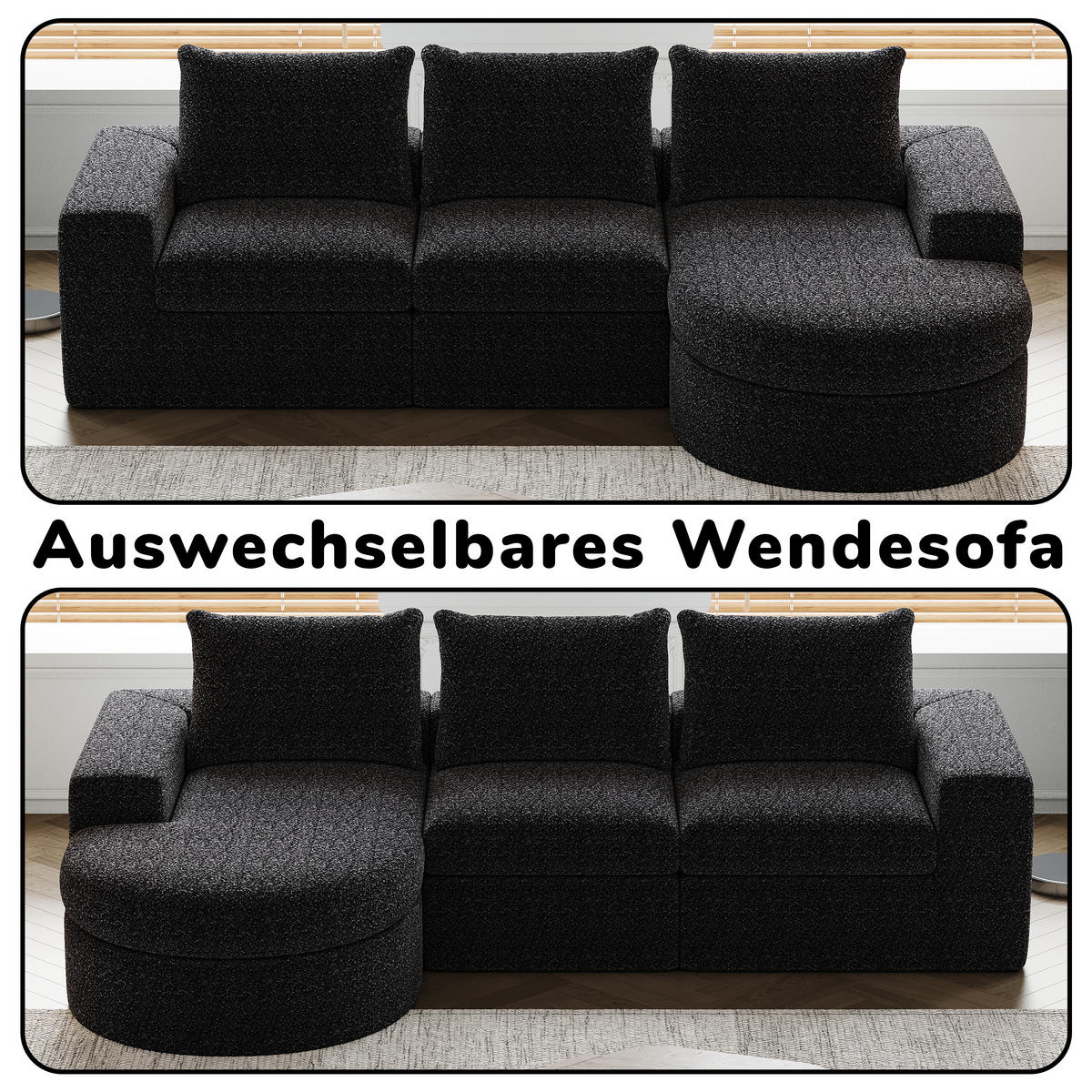SCHLAFSOFA aus Chenille mit Liegestuhl, montagefrei - Schwarz, Textil (251/81/160cm)