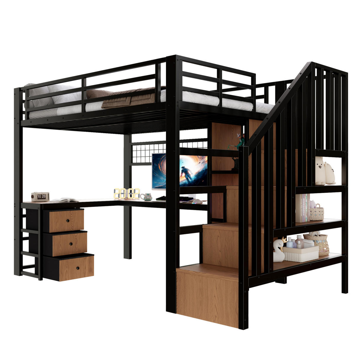 HOCHBETT 90/200 cm mit Schreibtisch, LED-Beleuchtung, 4 Schubladen und Stauraumtreppe aus Metall/MDF, Schwarz - Schwarz, Metall (90/200cm) - Redom