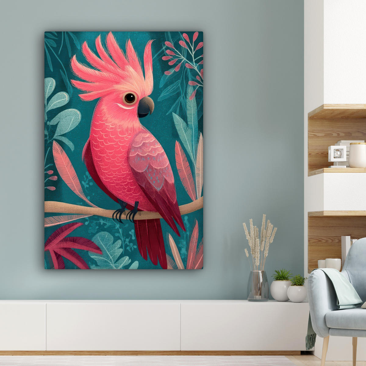 LEINWANDBILD Kakadu - Tropische Blätter - Zweig Deko XXL 80x120 cm - Petrol, Textil (80/120cm) - MuchoWow