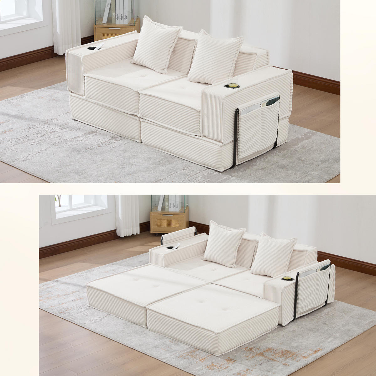 2-SITZER-SOFA aus Cord 162x78x66 cm Beige mit 2 Kissen, Seitentaschen und modularem Aufbau - Beige, Textil (162/66/78cm) - Modfu