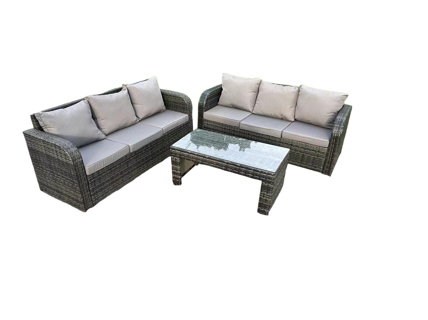 LOUNGESOFA Polyrattan 6-Sitzer - Dunkelgrau/Grau, Glas/Kunststoff - Fimous