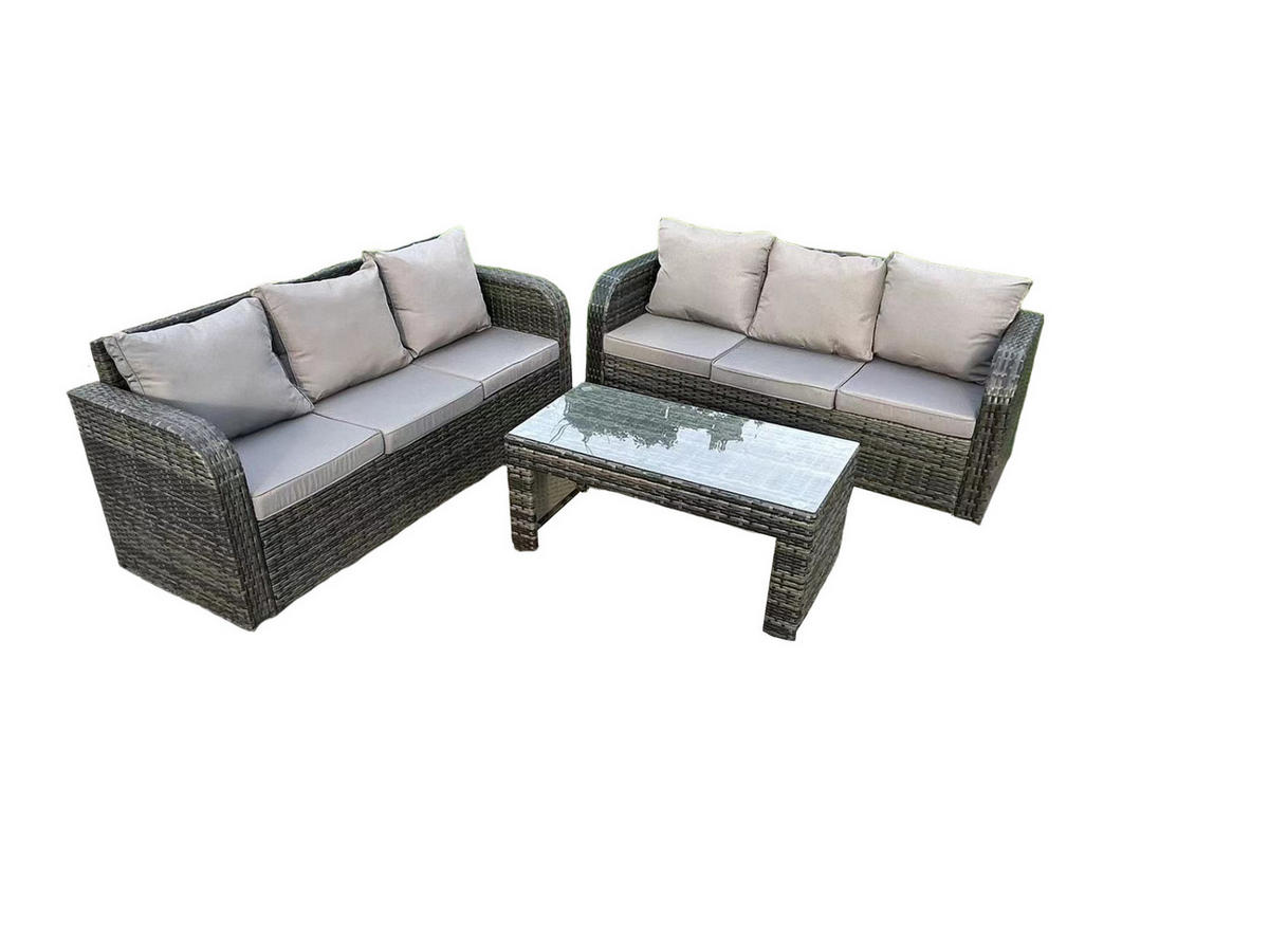 LOUNGESOFA Polyrattan 6-Sitzer - Dunkelgrau/Grau, Glas/Kunststoff - Fimous