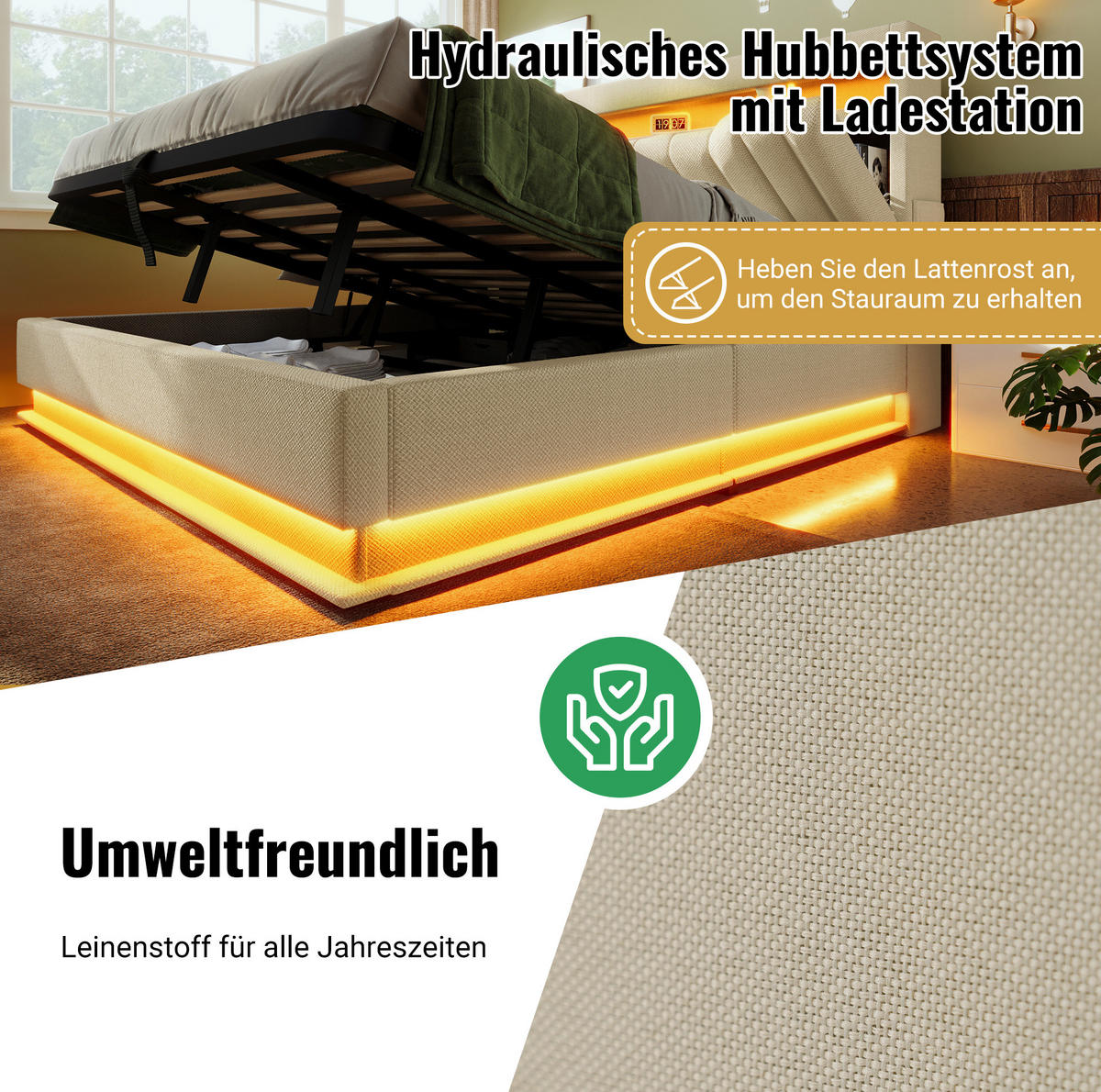 POLSTERBETT mit Stauraum 90x200 cm Leinen Beige mit Matratze - Beige, Metall (90/200cm) - Meubliv