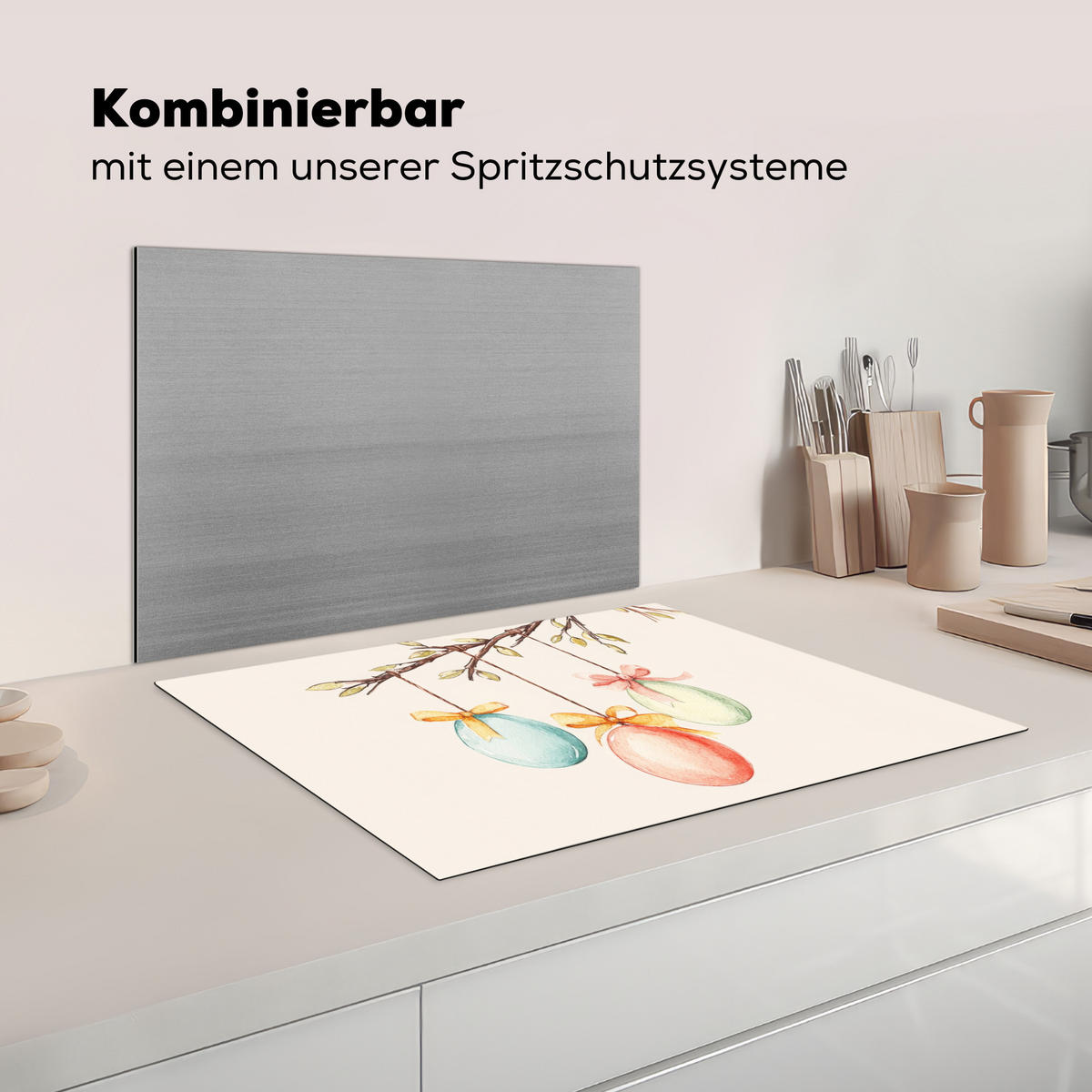 HERDABDECKPLATTE Osterkuchen - Schleife - Eier Induktionsmatte 71x52 cm - Creme, Kunststoff (71/52/0.2cm) - MuchoWow