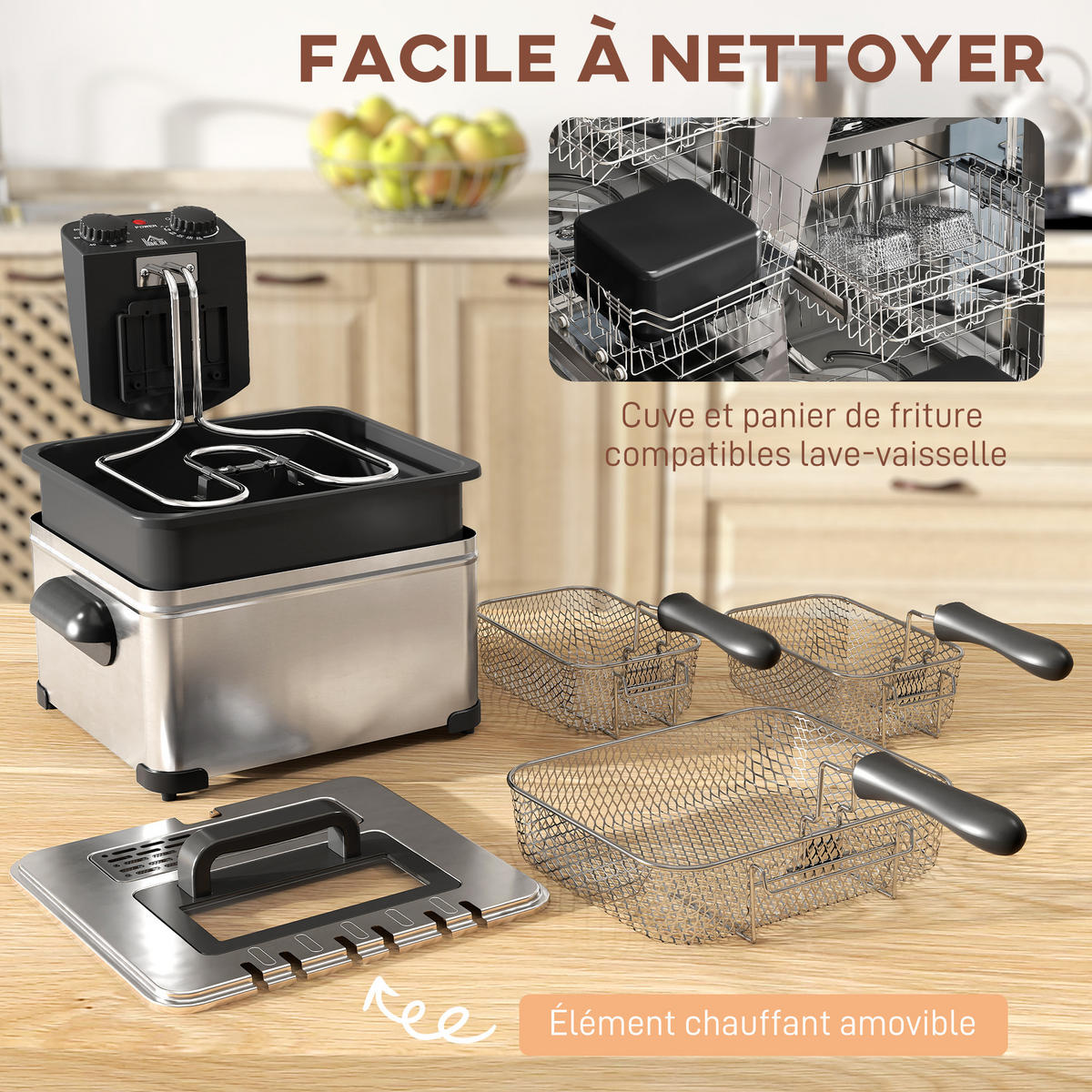 FRITTEUSE DE-17450 5 L, 2000 W mit Timer und Sichtfenster Schwarz - Silberfarben, Metall (35/23/49.5cm) - ComfortXL