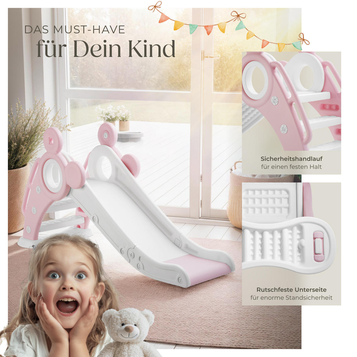KINDERRUTSCHE Joy,Belastbarkeit 50 kg, 128 x 66,5 x 67,5 cm,pink - Pink, Kunststoff (66.5/67.5/128cm) - tectake
