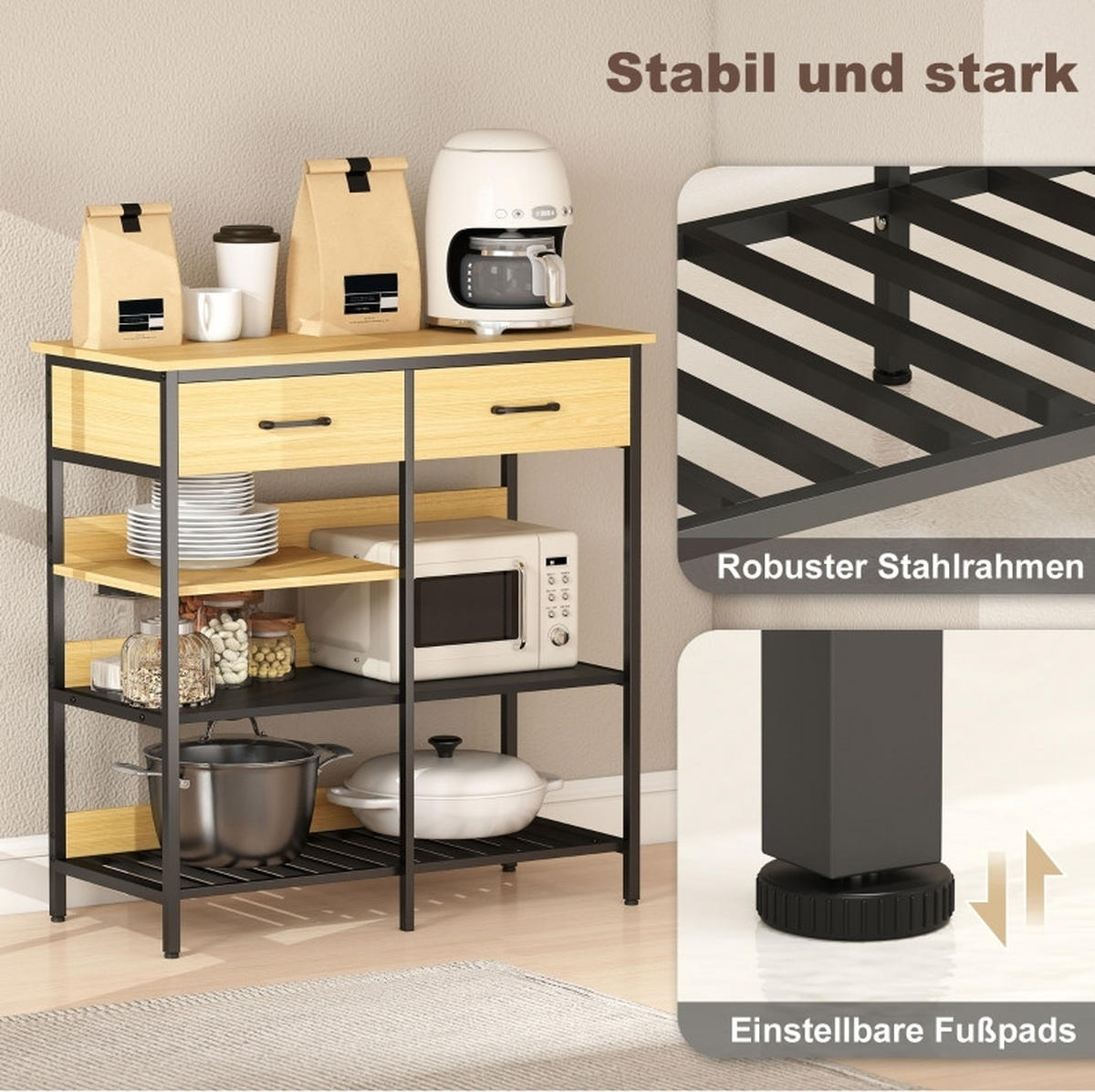 SIDEBOARD 90/40/91 cm in Naturfarben mit 2 Schubladen und 3 offenen Fächern - Naturfarben, Holz (90/91/40cm) - Flora Grace