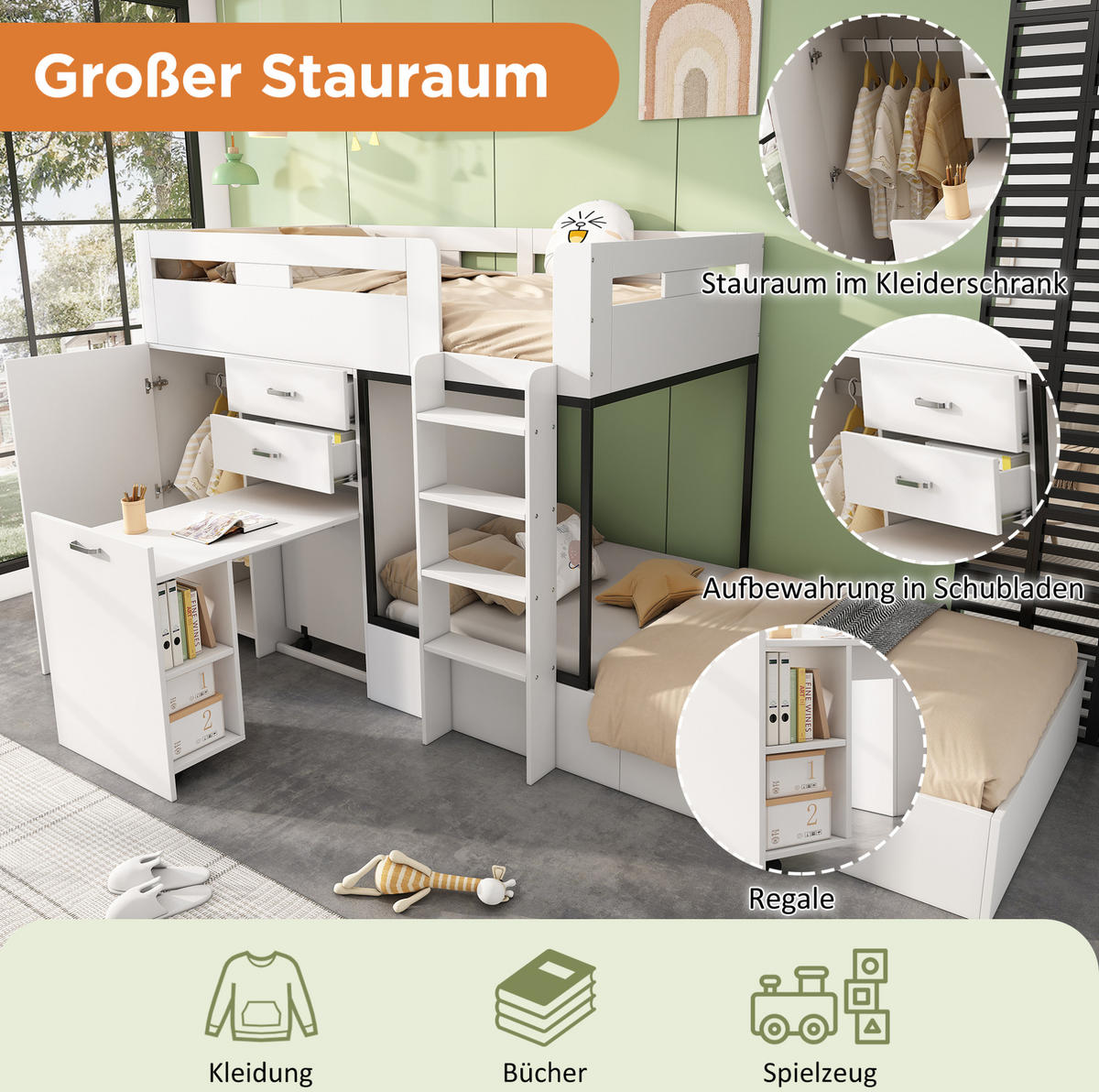 ETAGENBETT 90/200 cm in Weiß/Schwarz mit ausziehbarem Schreibtisch und Kleiderschrank - Weiß, Holzwerkstoff (90/200cm) - Flora Grace