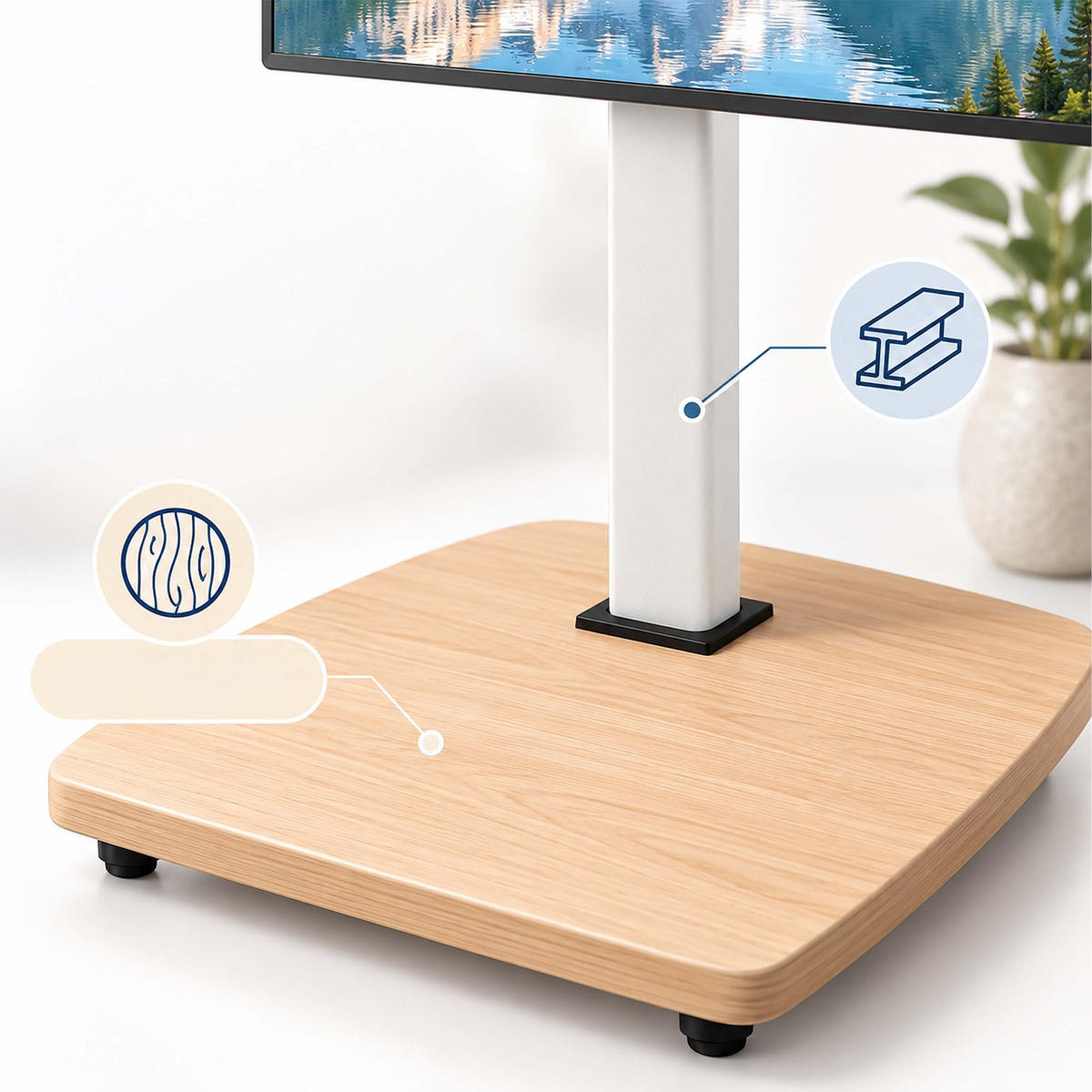 SUPORT Alb natural cu roți pentru TV 43-75 inch - alb, compozit lemnos/metal (60/134.5/38cm) - Relaxdays