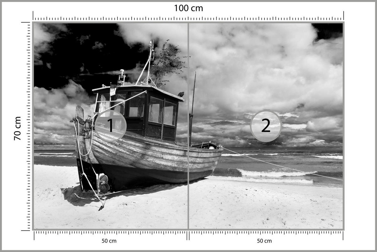 FOTOTAPETE für Wohnzimmer Schwarz-Weiß Boot Strand Meer 100x70 - Schwarz/Weiß, Papier (100/70cm) - Muralo