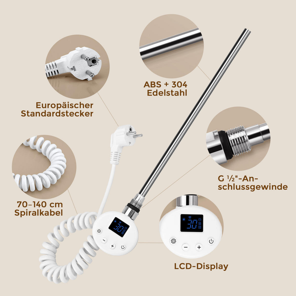 HEIZSTAB 900 W Weiß mit WLAN-Thermostat G1/2" für Handtuchheizkörper und Badheizkörper - Weiß, Metall (6.9/83/6.2cm) - S'AFIELINA