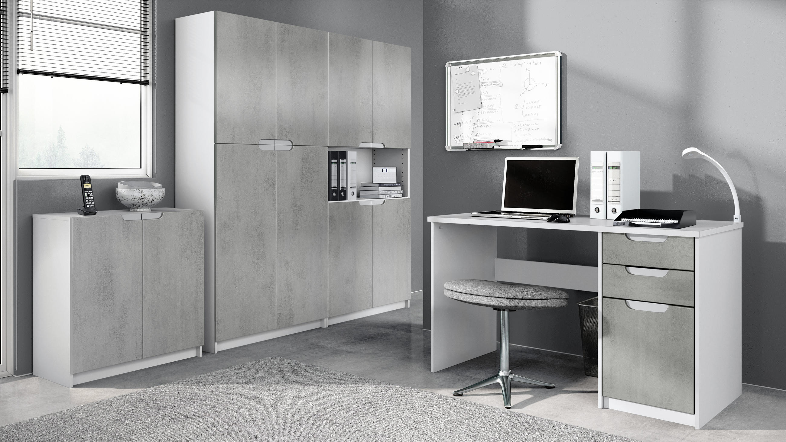 BÜROMÖBELSET Logan Fronten in Beton Oxid Optik - Hellgrau, Holzwerkstoff (246/185/60cm) - Vladon