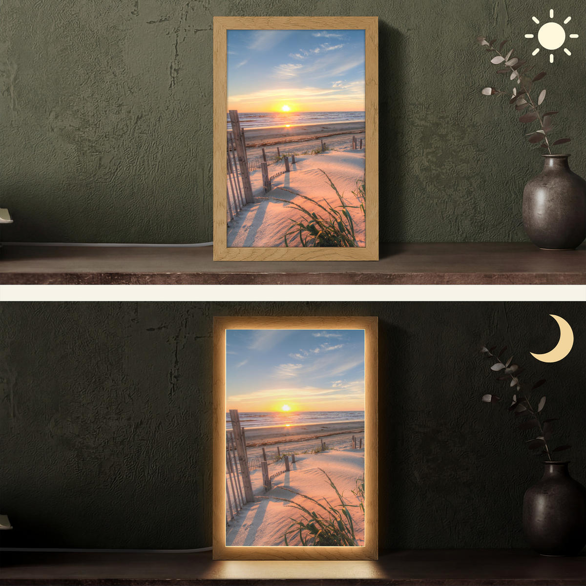 STOLNÍ LAMPA Pláž - Moře - Duna - Západ slunce - Krajina 20x30 cm - krémová, kompozitní dřevo (8/20/30cm) - OnlyWow