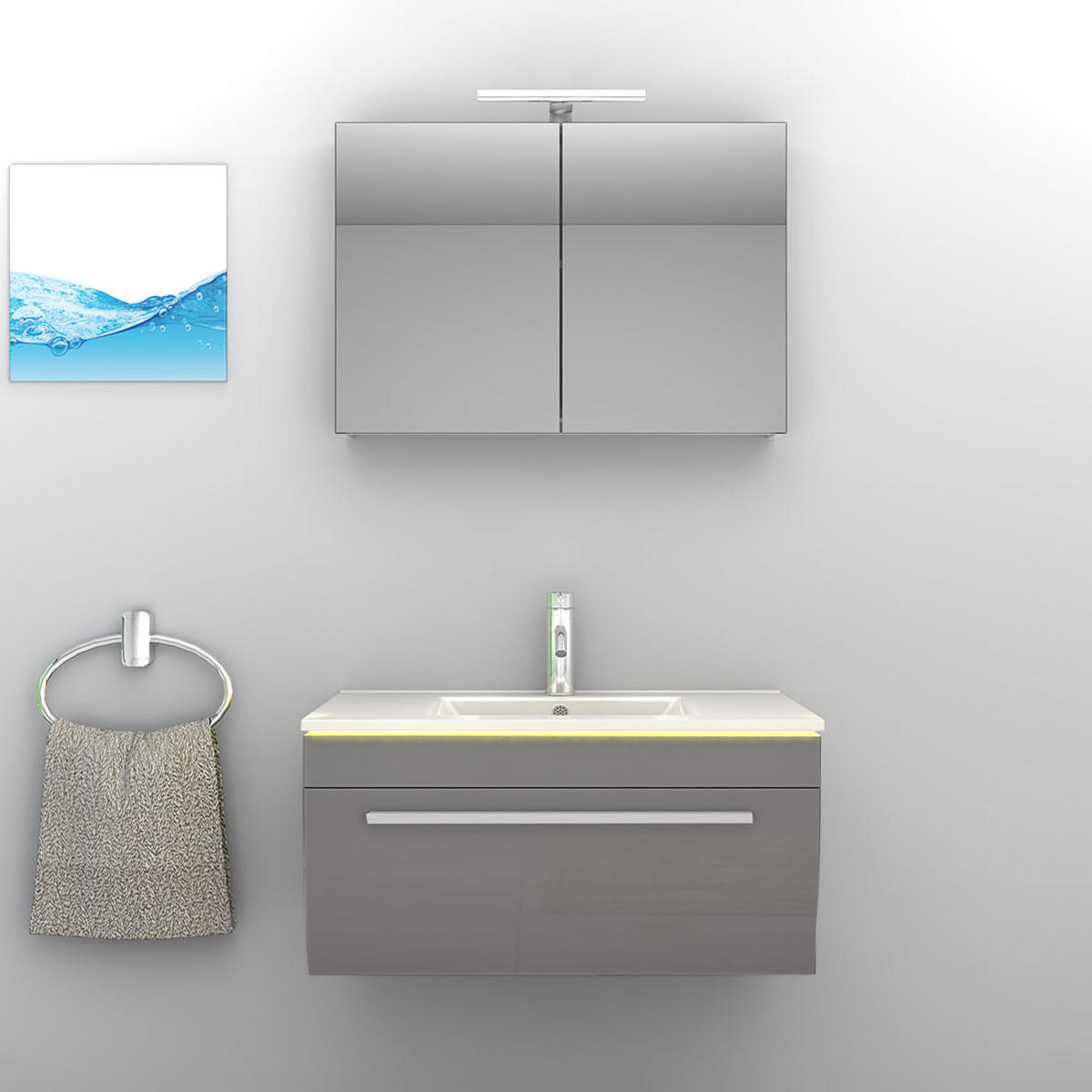 BADMÖBEL Set Gently 3 V1 Weiß/Grau MDF Waschtisch 80cm ohne LED-Beleuchtung - Grau, Glas/Kunststoff (46/52/60cm) - AcquaVapore by Sandra Jentho