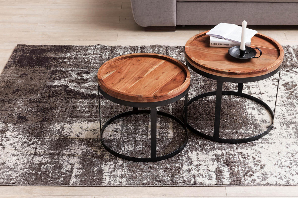 BEISTELLTISCH 2er Set Massivholz Metallgestell Rund Natur INDI, Braun 53x53x45 cm - Schwarz/Braun, Holz/Metall (53/53/45cm) - KADIMA DESIGN