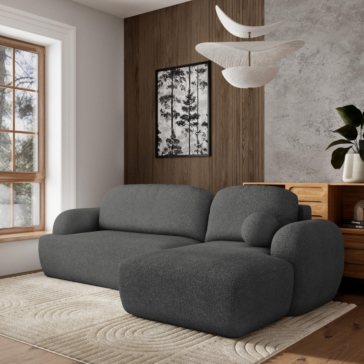 ECKSOFA MODENZA N R-S Grau Boucle-Stoff mit Schlaffunktion - Grau, Holz (266/148cm) - MASSENO