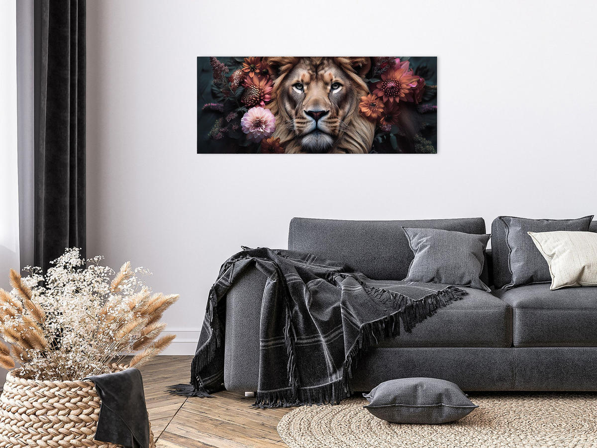 GLASBILD 125x50 cm Löwe Blumen Vintage - Rot, Glas (125/50cm) - artissimo