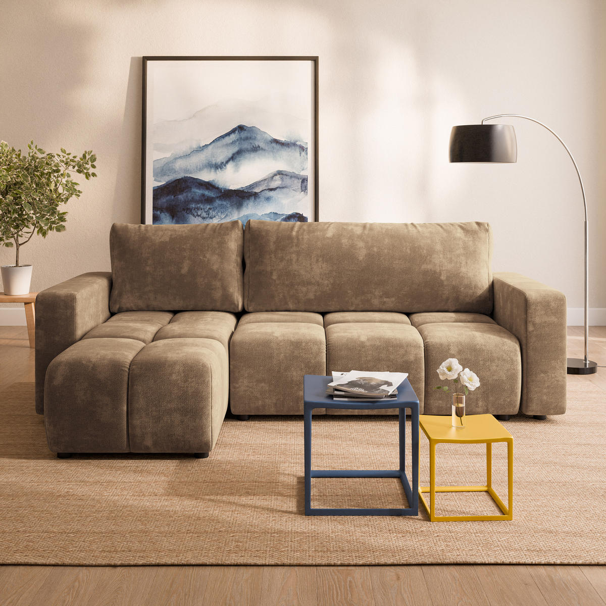 ECKSOFA RAMIL Beige Chenille mit Schlaffunktion - Beige, Holz (240/149cm) - MASSENO