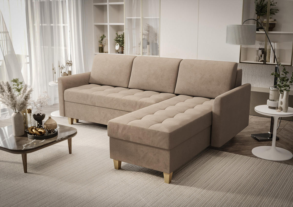ECKSOFA KONGO RBN08, Eckcouch in L-Form mit Schlaffunktion, Farbe: Beige, Velourstoff, Ottomane Rechts - Beige, Textil (240/180cm) - O-Sofa