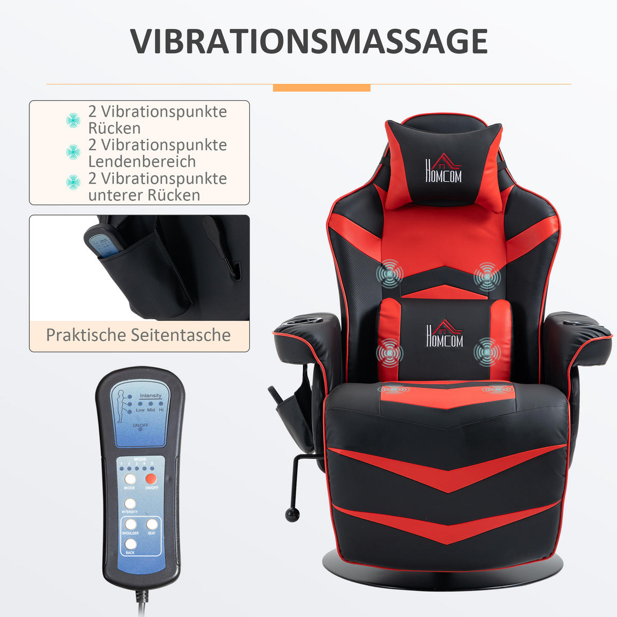 RELAXSESSEL mit Massagefunktion, Rot - Rot/Schwarz, Kunststoff/Metall (82.5/111.5/79.5cm) - HOMCOM