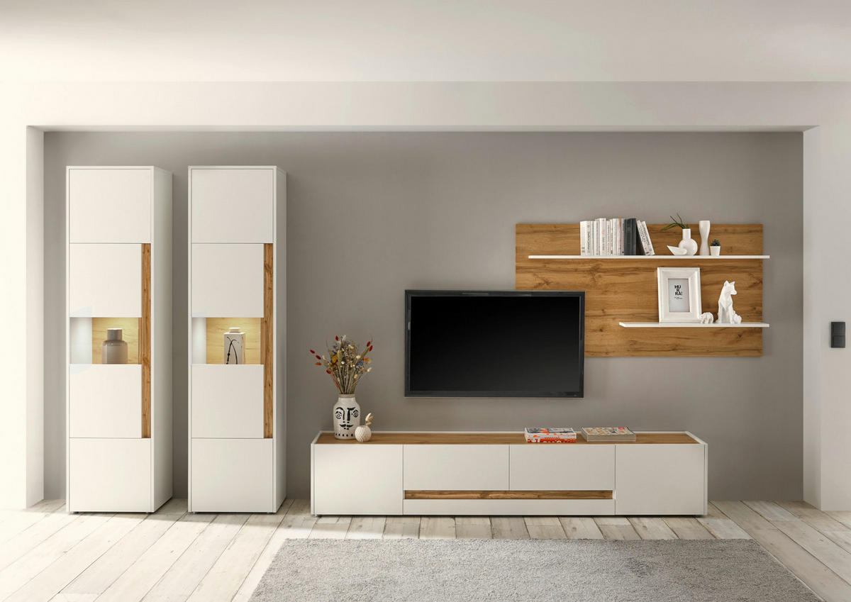WOHNWAND weiß, Eiche Wotan 4-teilig 400 cm, Wohnkombination viel Stauraum - Schwarz/Weiß, Glas/Holz (400/197/45cm) - Furn.Design