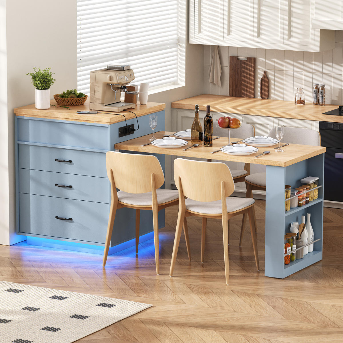 KÜCHENINSEL 125,5-187,5/71/93 cm aus MDF mit ausziehbarer Tischplatte und LED-Beleuchtung Blau - Hellblau, Holzwerkstoff (125.5/93/71cm) - Modenvie