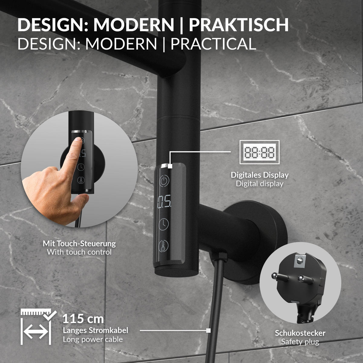 HANDTUCHWÄRMER Elektrisch Schwarz matt 75W 450x622 mm 180° drehbar - Schwarz, Metall (45/62.2/3cm) - LuxeBath