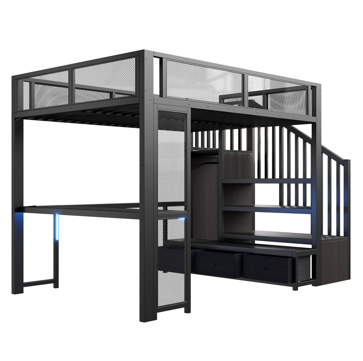 HOCHBETT MDF Metall 140x200 cm Schwarz mit Treppe, Schreibtisch, LED, USB und Stauraum - Schwarz, Holzwerkstoff (140/200cm) - Modfu