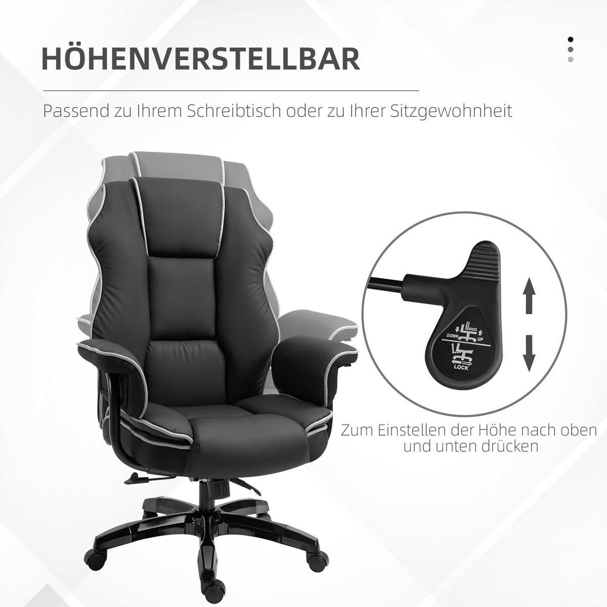 ERGONOMISCHER Bürostuhl, Schwarz - Schwarz, Leder (80/124/76cm) - Vinsetto