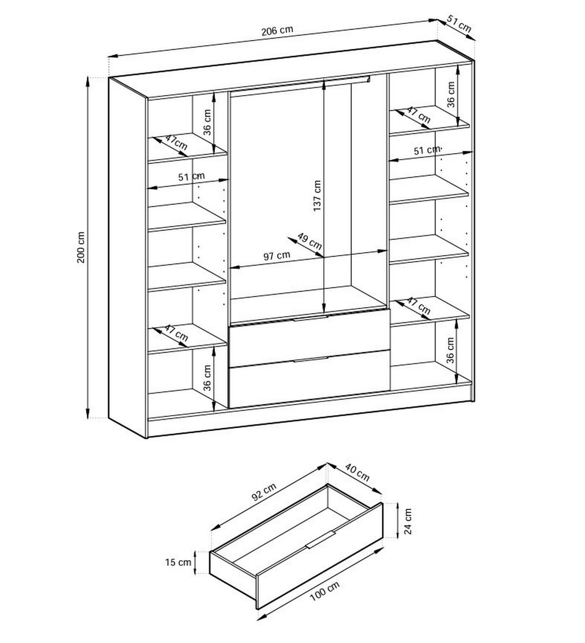 KLEIDERSCHRANK Stilo in Eiche Artisan, viertürig, mit Spiegel und Lamellen an der Front - Schwarz/Eiche Artisan, Holzwerkstoff/Kunststoff (206/200/51cm) - Ravio