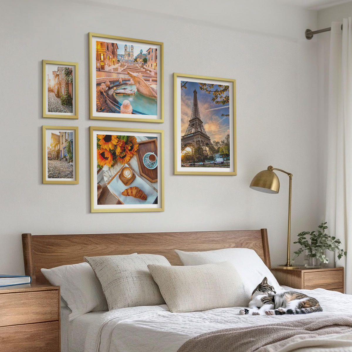 WANDBILDER 5er Set - 50x50 cm & 20x30 cm & 40x60 cm Goldrahmen - Charmante Straßen mit Kaffee - Goldfarben, Kunststoff (40/60cm) - ArtPrintCave