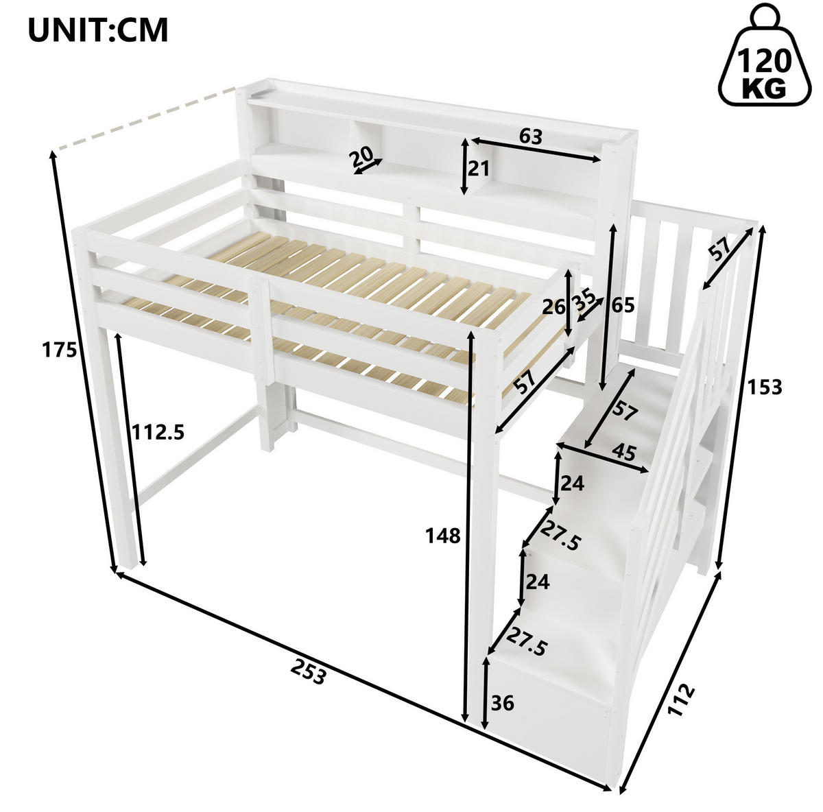 HOCHBETT 90/200 cm Weiß mit LED und Stauraum ohne Matratze - Weiß, Holz (90/200cm) - MIVRAY