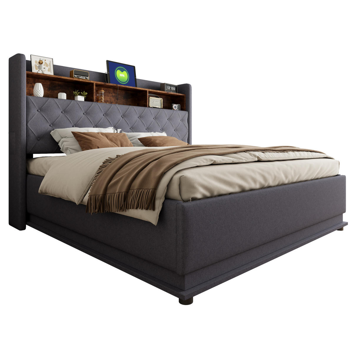 POLSTERBETT 180/200 cm Grau mit LED-Beleuchtung und USB-Anschluss aus Leinen - Grau, Textil (180/200cm) - OKWISH