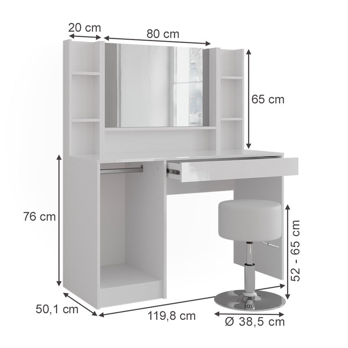 SCHMINKTISCH Sherry Weiß/Weiß Hochglanz 119.8 cm 5 Teile - Weiß Hochglanz, Holzwerkstoff (119.8/76/50.1cm) - Vicco