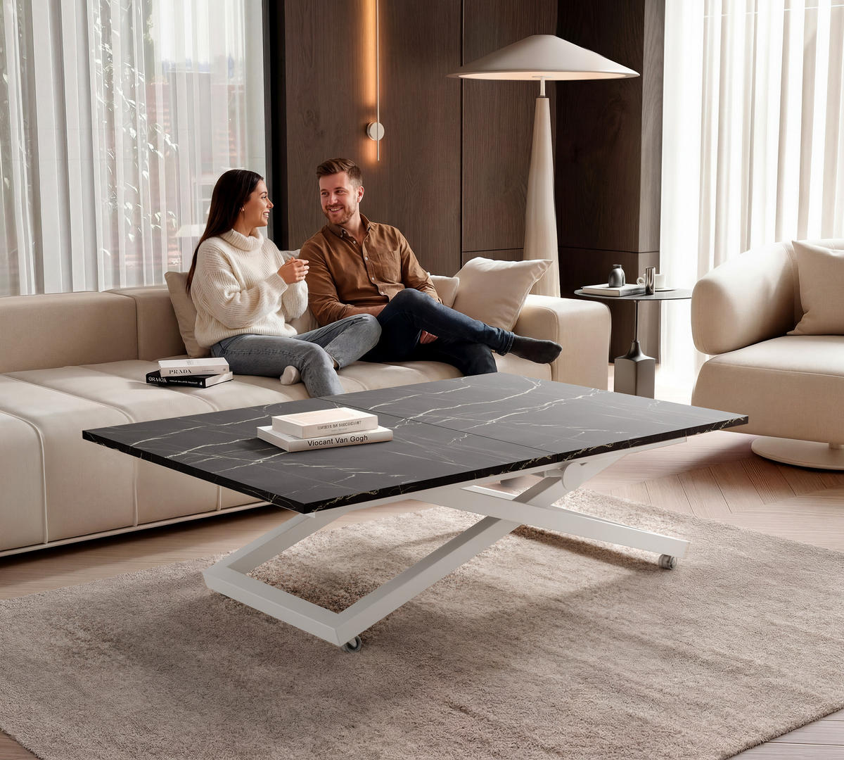 COUCHTISCH ARIA 120-160/80 cm, Höhenverstellbar, Weiß / Grigia Pietra (Steingrau) - Weiß/Grau, Holzwerkstoff/Metall (120/80/38cm) - Idohome