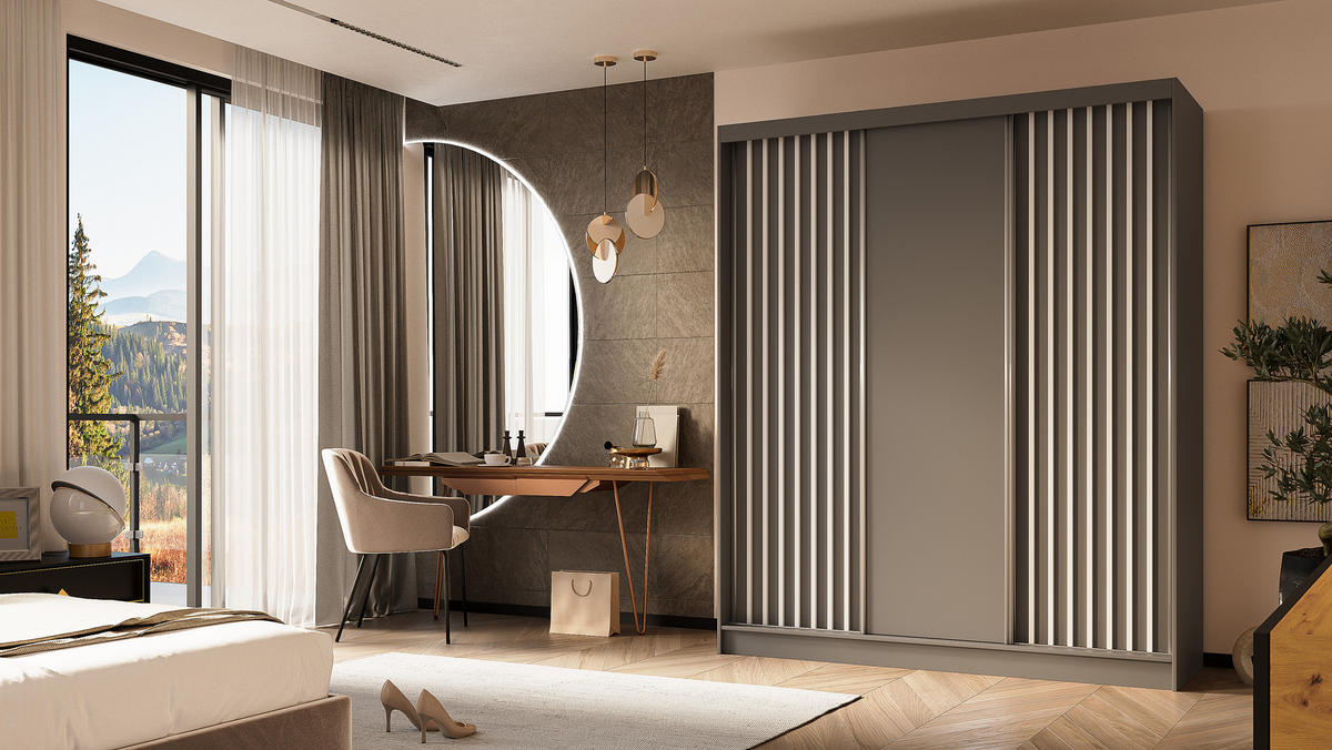 KLEIDERSCHRANK mit furnierten Schiebetüren und Aluminium-Leisten, LED-Beleuchtung - LABELO - 180 cm Grau+Grau+Weiß - Weiß/Grau, Holzwerkstoff (180/216/61cm) - ALTDECOR
