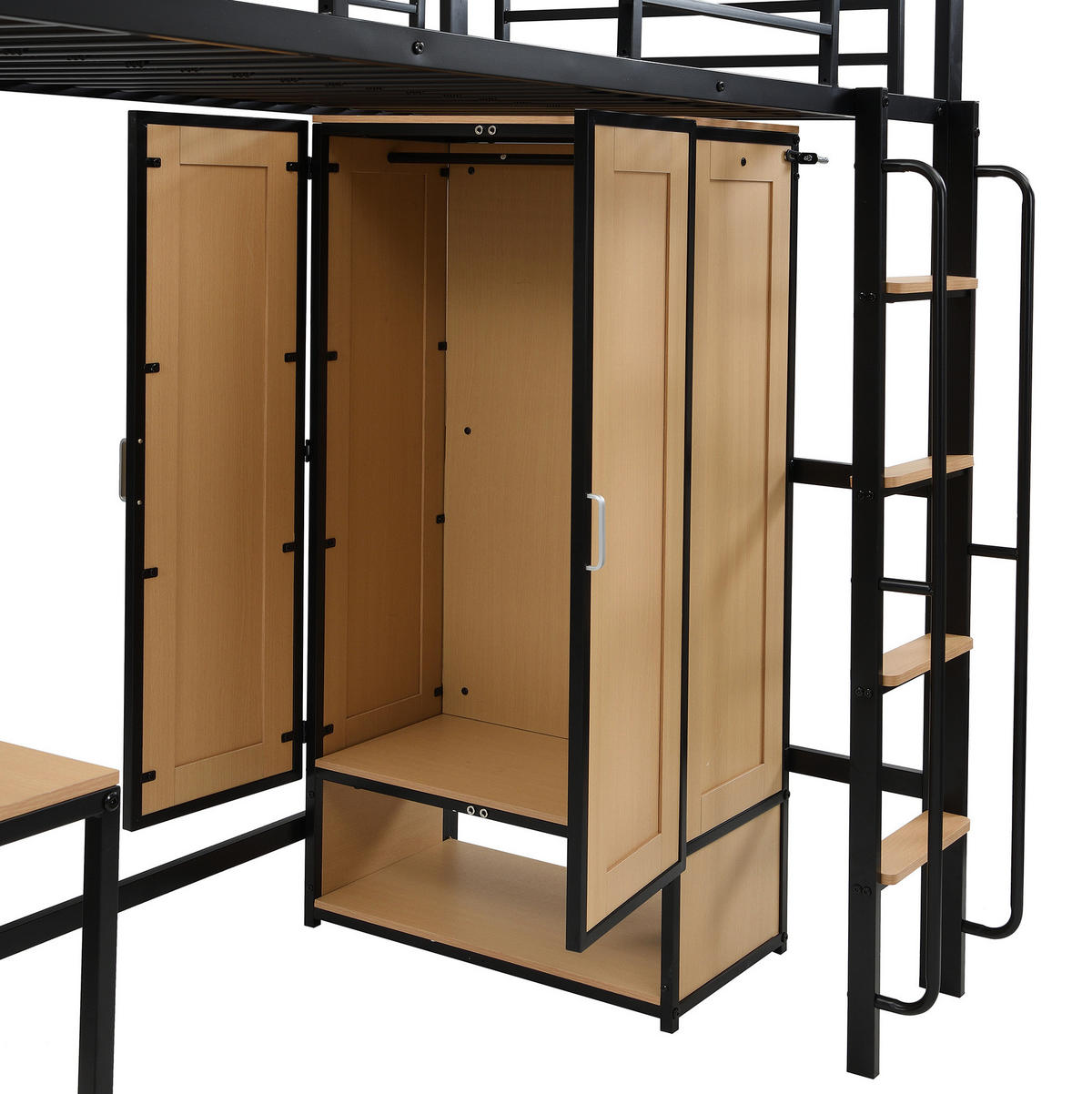 HOCHBETT 90/200 cm Schwarz/Natur aus Metall und Holzwerkstoff mit Kleiderschrank und Schreibtisch - Schwarz, Metall (90/200cm) - OKMYHOME
