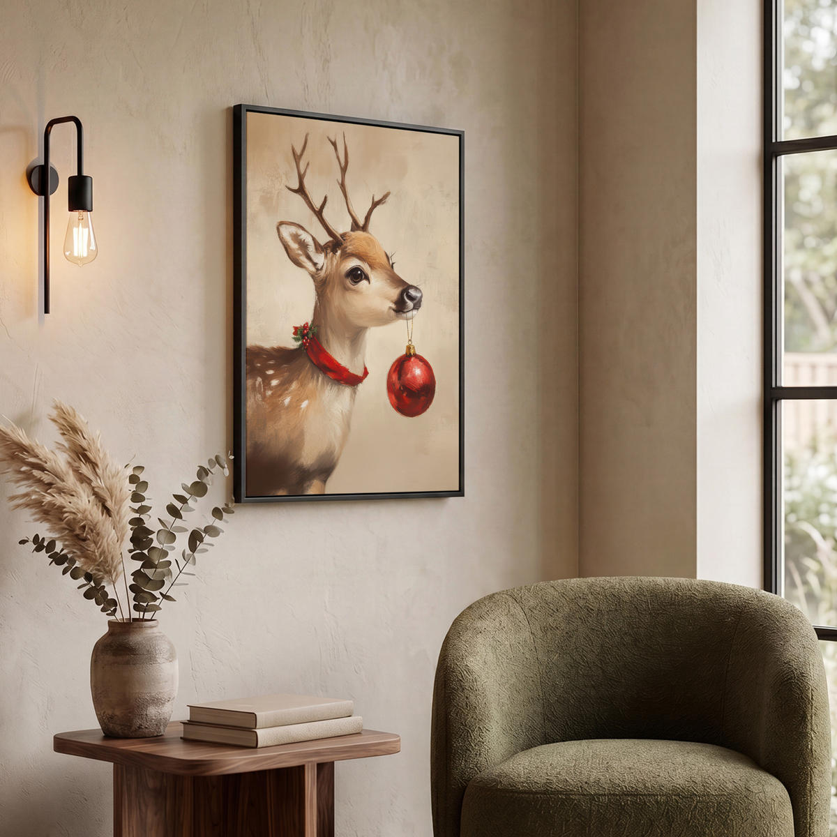 LEINWAND Bilder mit Rahmen - Weihnachten - Hirsch - Geweih - Weihnachtskugel - Rentier - 60x80 - Hellbraun, Textil (60/80cm) - MuchoWow