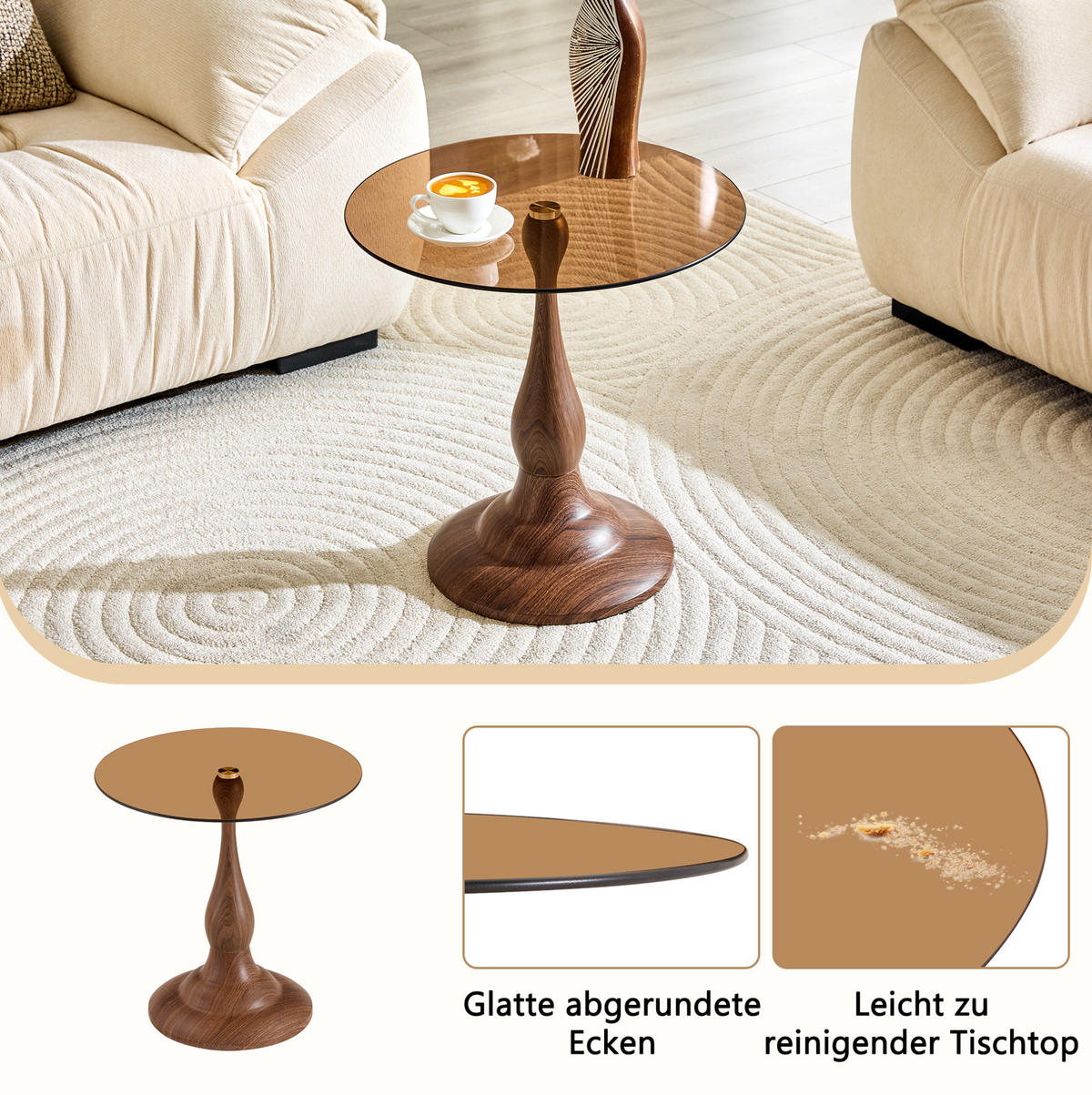 BEISTELLTISCH aus Glas und Metall Ø 50x51,5 cm Braun mit getönter Glasplatte - Braun, Glas (50/50/51.5cm) - IVMEU