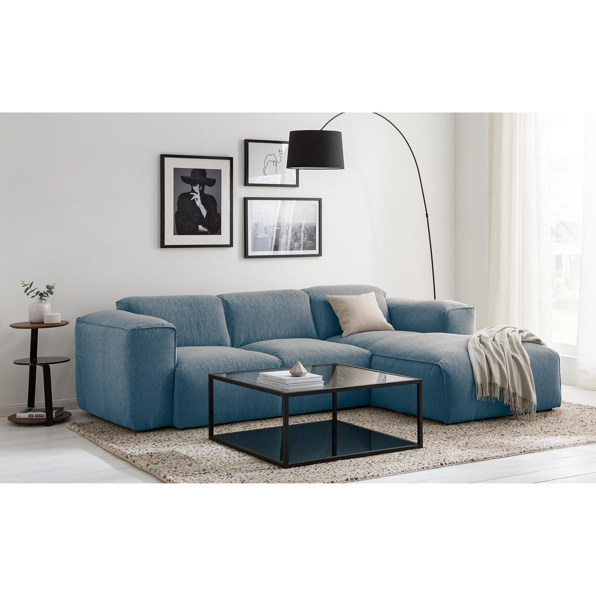 3-SITZER ECKSOFA mit Longchair - Blaugrau/Schwarz, Kunststoff/Textil (251/173cm) - home24
