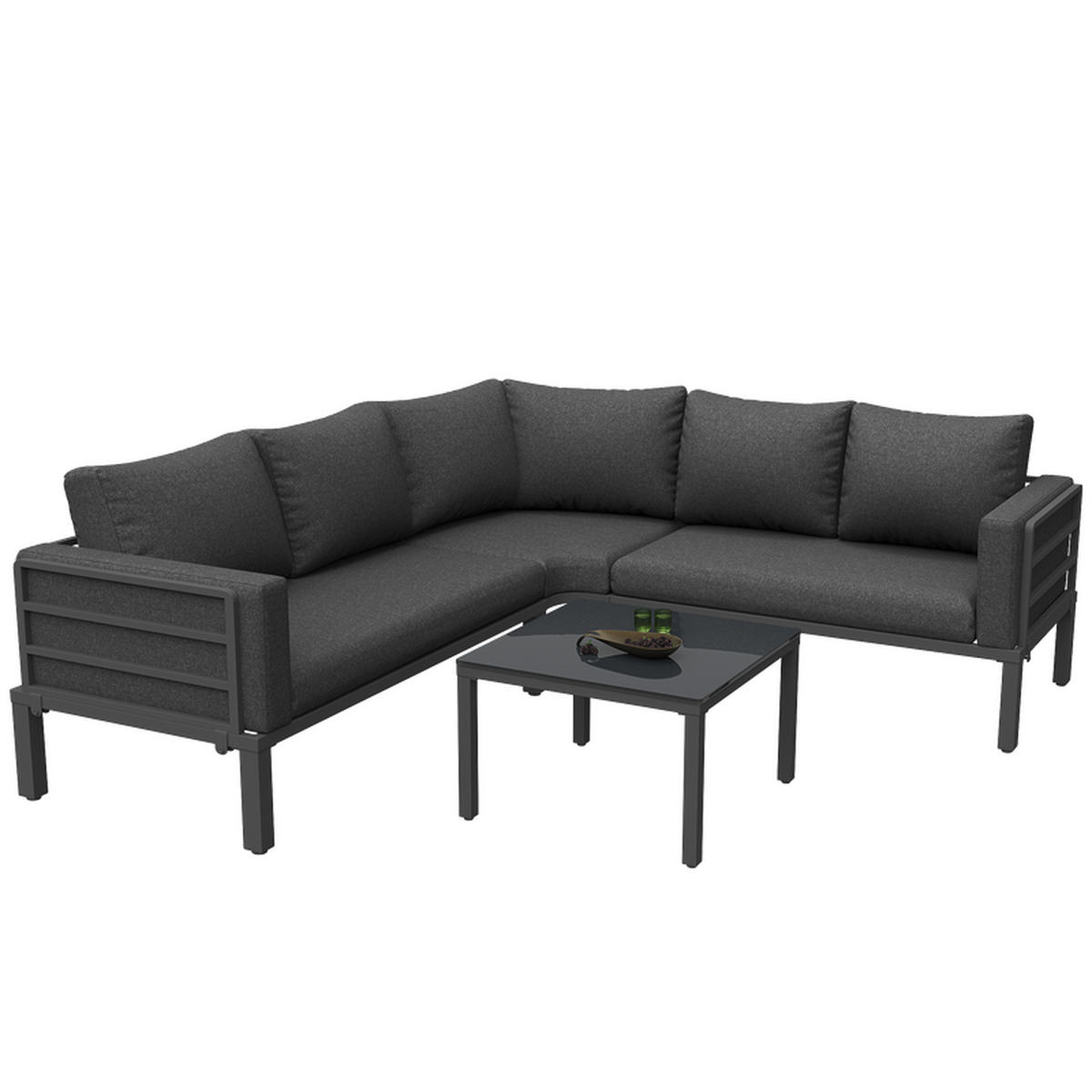 GARTENLOUNGE-SET GRAU 4-5 Sitzplätze mit Glastisch verstellbaren Beinen inkl. Kissen - Schwarz, Textil - BLACKCUP