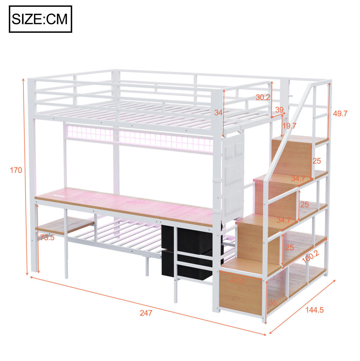 HOCHBETT aus Metall und MDF 140x200/90x200 cm Weiß mit Schreibtisch, LED, Steckdosen und Stauraum - Weiß, Metall (160/200cm) - Modfu