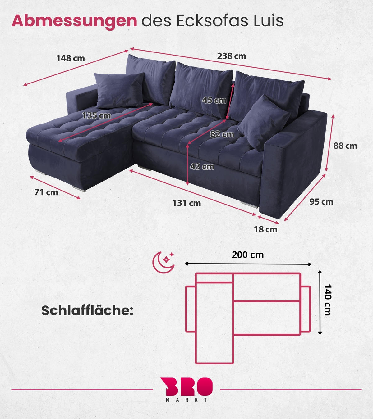 ECKSOFA Luis mit Schlaffunktion Blau Samt - Blau/Silberfarben, Kunststoff/Textil (148/238cm) - Bromarkt