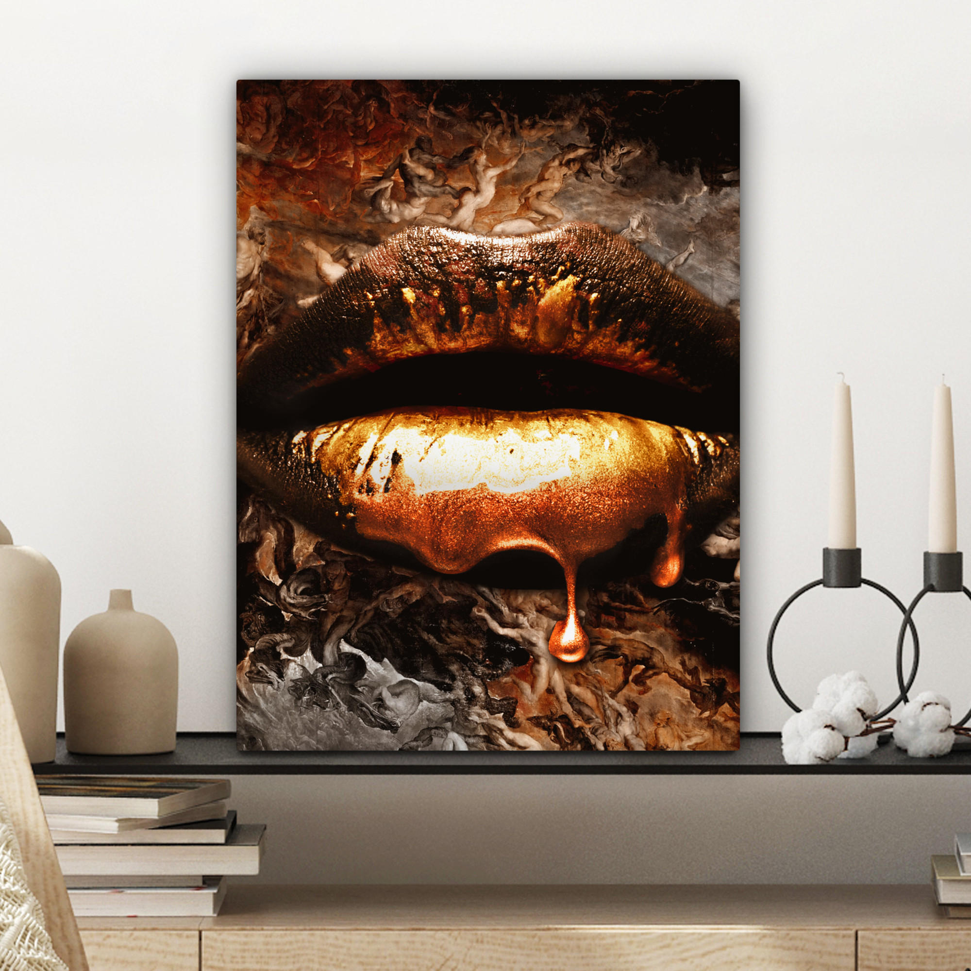LEINWANDBILD Gold - Lippen - Kunst - Gold - Luxus - Abstrakt 30x40 cm - Kupferfarben, Textil (30/40cm) - MuchoWow